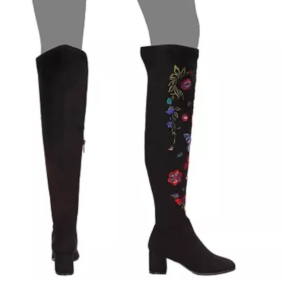 NWOT Impo Judy Embroidered Over-The-Knee Boots stretch block heel colorful 6