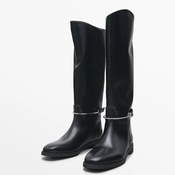 NWOT Massimo Dutti Riding-Stayle Black Leather Boots