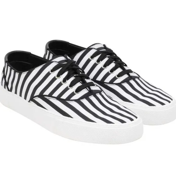 NWOT Saint Laurent Venice White Black Striped Canvas Low Sneakers EU size 38