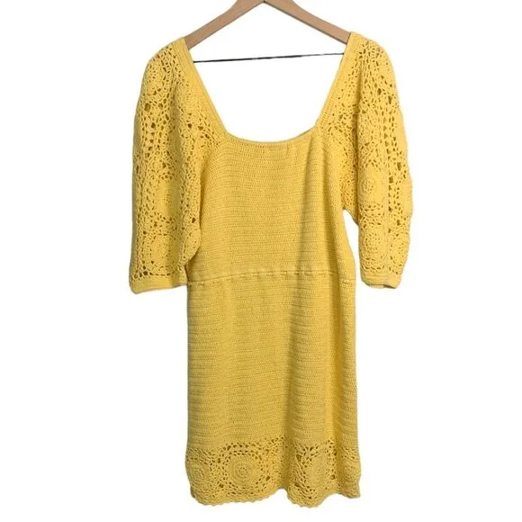 NWOT SPELL Let the Sunshine In Crochet Mini Dress. Color Lemon. Size Medium
