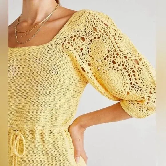 NWOT SPELL Let the Sunshine In Crochet Mini Dress. Color Lemon. Size Medium