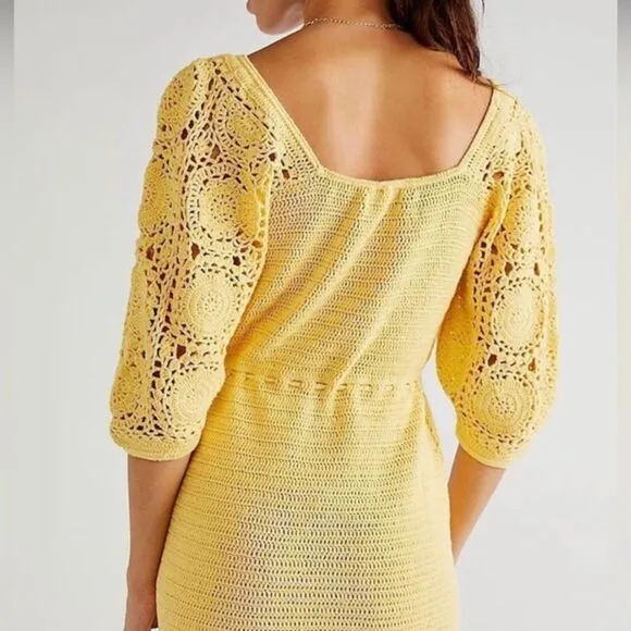 NWOT SPELL Let the Sunshine In Crochet Mini Dress. Color Lemon. Size Medium