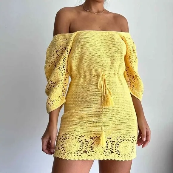 NWOT SPELL Let the Sunshine In Crochet Mini Dress. Color Lemon. Size Medium