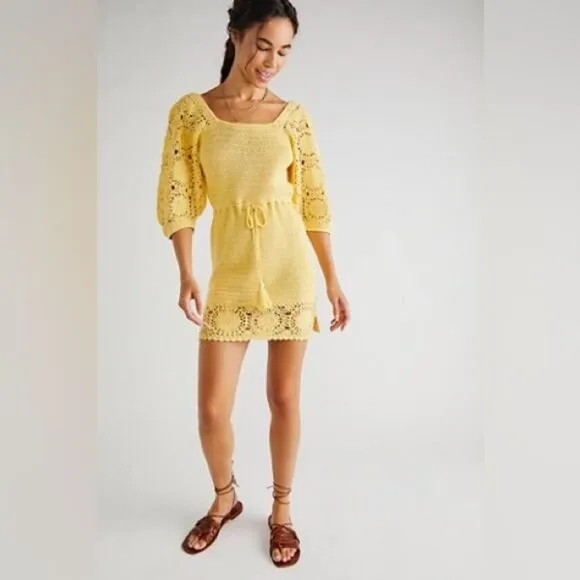 NWOT SPELL Let the Sunshine In Crochet Mini Dress. Color Lemon. Size Medium