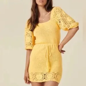 NWOT SPELL Let the Sunshine In Crochet Mini Dress. Color Lemon. Size Medium