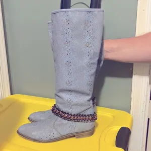 NWT $310 A &amp; J | Lasered Belt Boots | Cowboy Boots | Boho| Blue Print with Belt