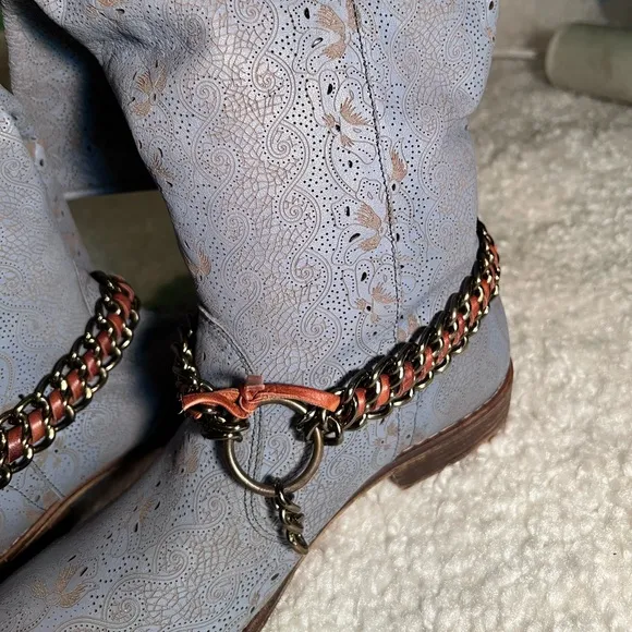 NWT $310 A &amp; J | Lasered Belt Boots | Cowboy Boots | Boho| Blue Print with Belt