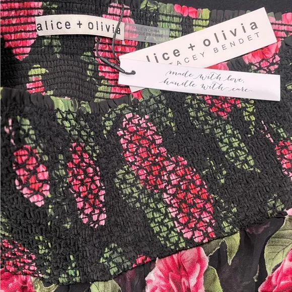 NWT ALICE   OLIVIAZarya Asymmetrical Smocked MiniSkirt Cheri Floral Sz 2 $395