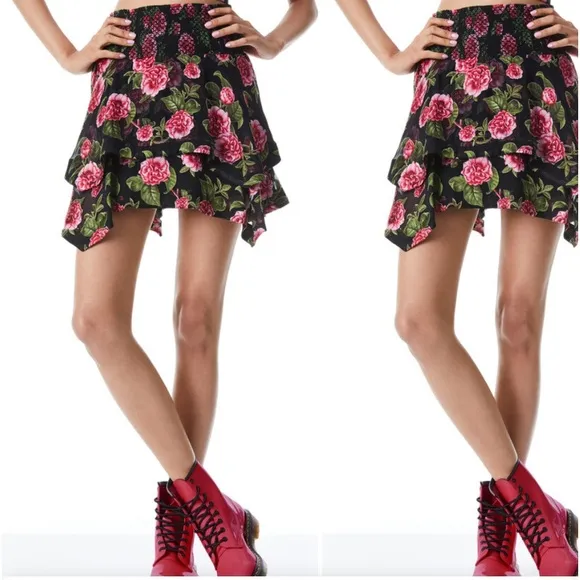 NWT ALICE   OLIVIAZarya Asymmetrical Smocked MiniSkirt Cheri Floral Sz 2 $395