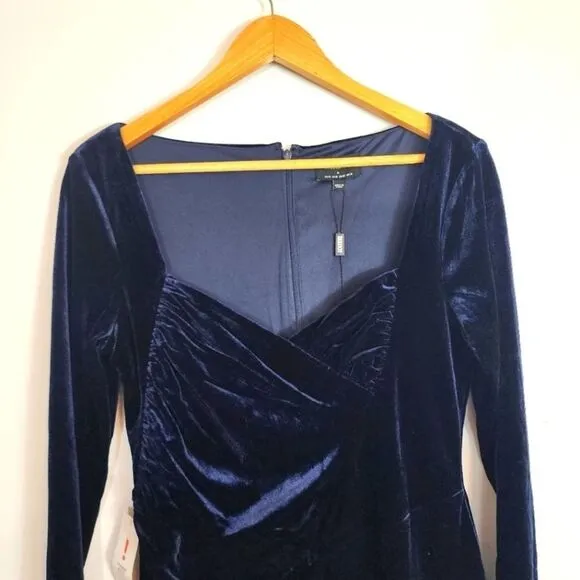 NWT Bardot Xena Ruched Velvet Long Sleeve Stretch Navy Minidress Size 10