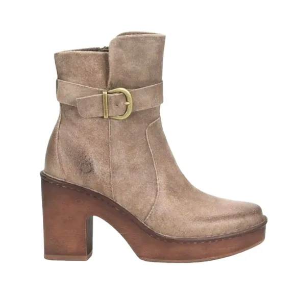 NWT Born Hailey Suede Boho Platform Clog Boots Taupe Tan Distressed Square Toe