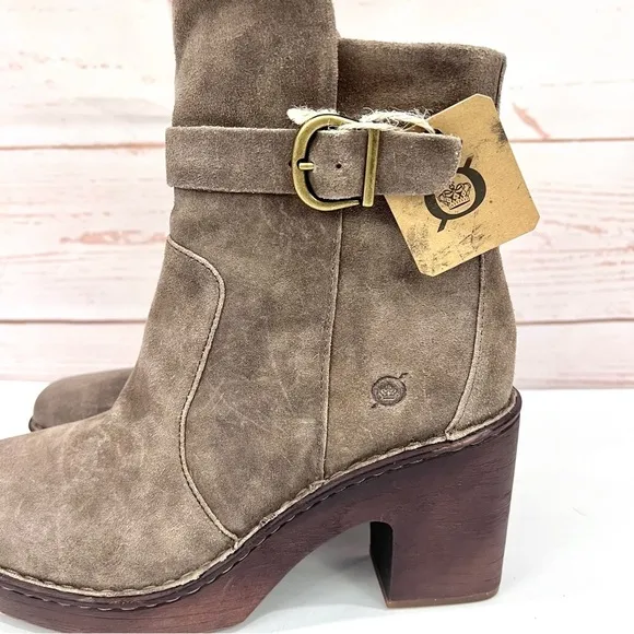 NWT Born Hailey Suede Boho Platform Clog Boots Taupe Tan Distressed Square Toe