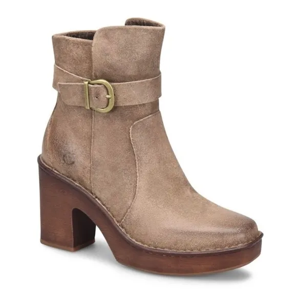 NWT Born Hailey Suede Boho Platform Clog Boots Taupe Tan Distressed Square Toe