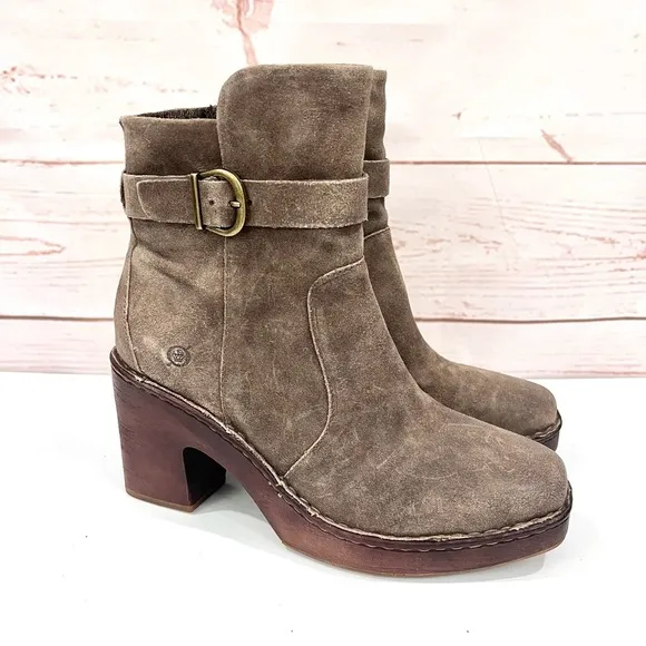 NWT Born Hailey Suede Boho Platform Clog Boots Taupe Tan Distressed Square Toe