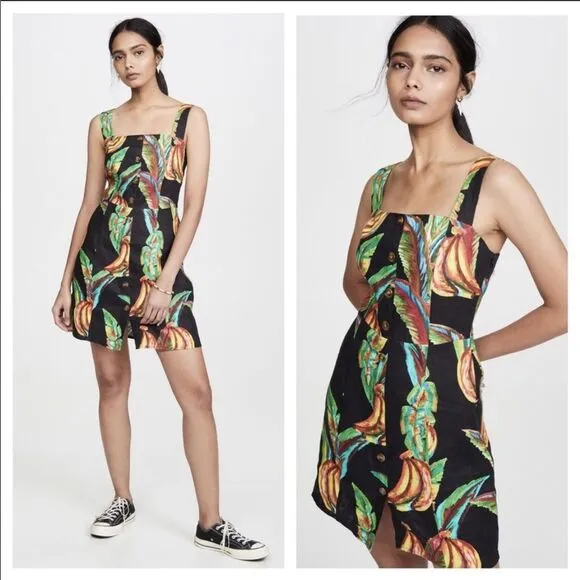 NWT FARM Rio Preta Black Bold Tropical Banana Print Square Neck Linen Mini Dress