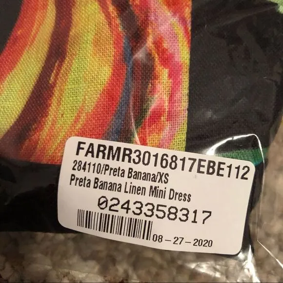 NWT FARM Rio Preta Black Bold Tropical Banana Print Square Neck Linen Mini Dress