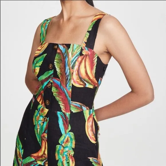 NWT FARM Rio Preta Black Bold Tropical Banana Print Square Neck Linen Mini Dress