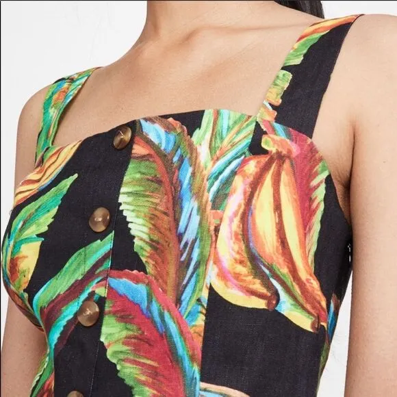 NWT FARM Rio Preta Black Bold Tropical Banana Print Square Neck Linen Mini Dress