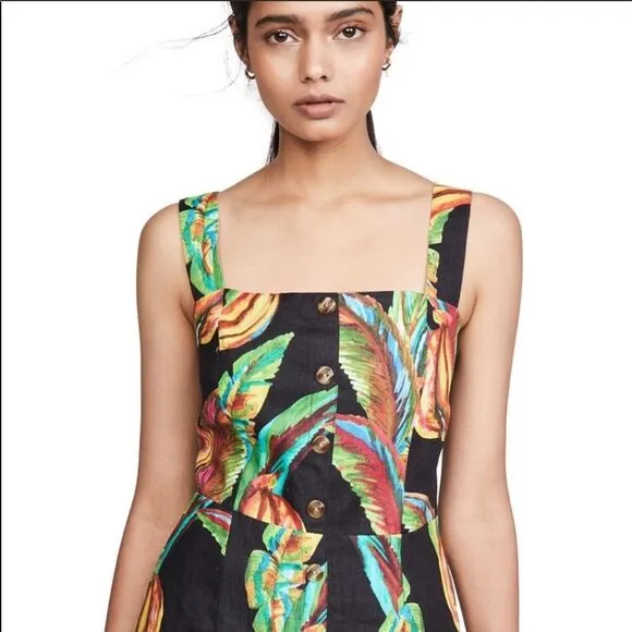 NWT FARM Rio Preta Black Bold Tropical Banana Print Square Neck Linen Mini Dress