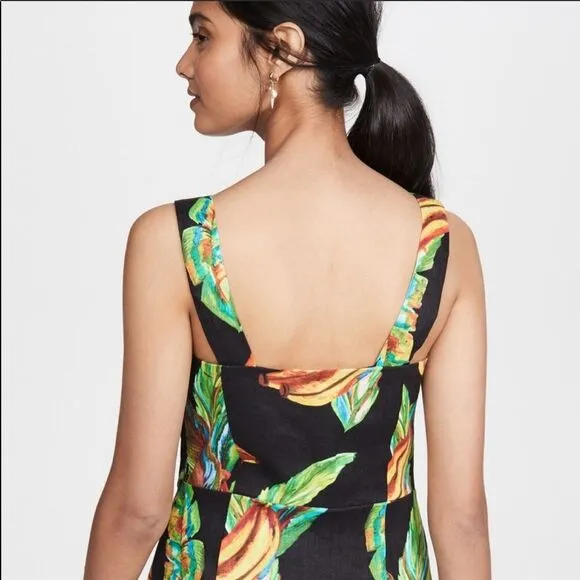 NWT FARM Rio Preta Black Bold Tropical Banana Print Square Neck Linen Mini Dress