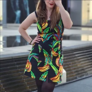 NWT FARM Rio Preta Black Bold Tropical Banana Print Square Neck Linen Mini Dress