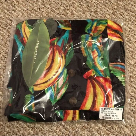 NWT FARM Rio Preta Black Bold Tropical Banana Print Square Neck Linen Mini Dress