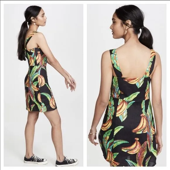 NWT FARM Rio Preta Black Bold Tropical Banana Print Square Neck Linen Mini Dress