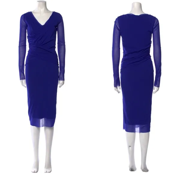 NWT FUZZI V-Neck Midi Length Dress Royal Blue Mesh XL