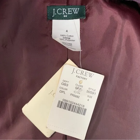 NWT J. Crew Eden Plum Velvet Blazer