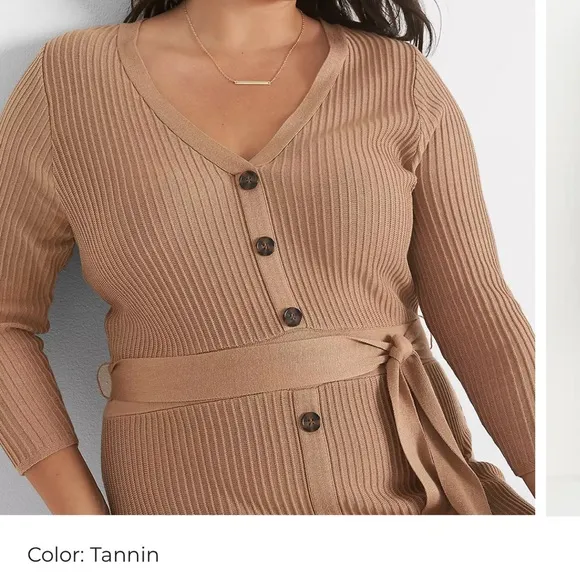 NWT Lane Bryant 3/4Sleeve Tan VNeck Button-Front Belted Sweater Dress Size 14/16