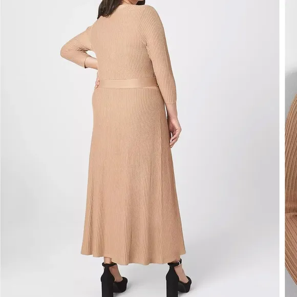 NWT Lane Bryant 3/4Sleeve Tan VNeck Button-Front Belted Sweater Dress Size 14/16