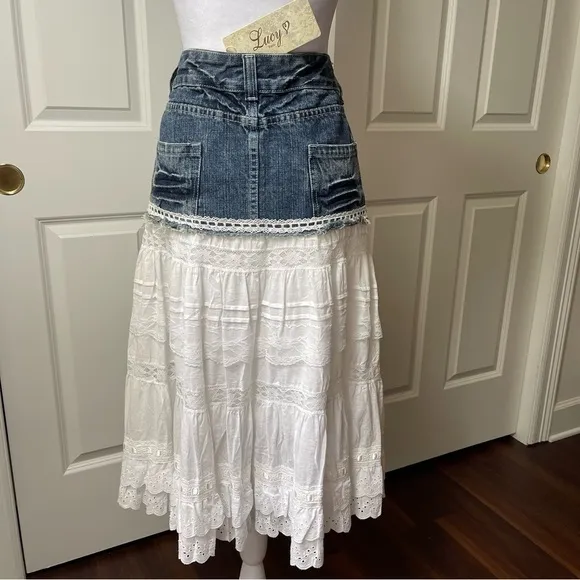 NWT Lucy Paris Denim and Lace Western Layered Skirt