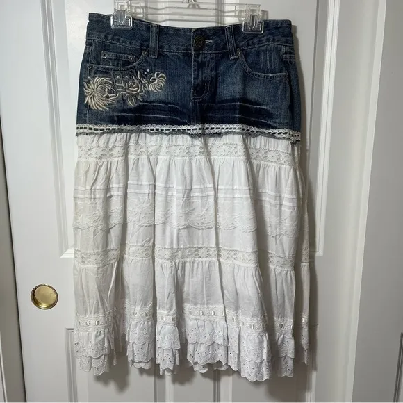 NWT Lucy Paris Denim and Lace Western Layered Skirt
