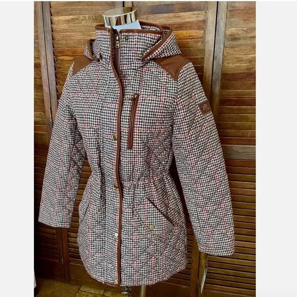 NWT! NEW! LAUREN RALPH LAUREN QUILTED HOODED PUFFER JACKET HOUNDSTOOTH WOMENS XS
