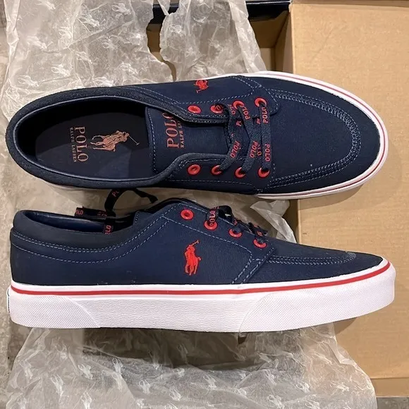 NWT Polo Ralph Lauren Men's Faxon x Logo Lace-Up Canvas Sneakers Navy, Size 10