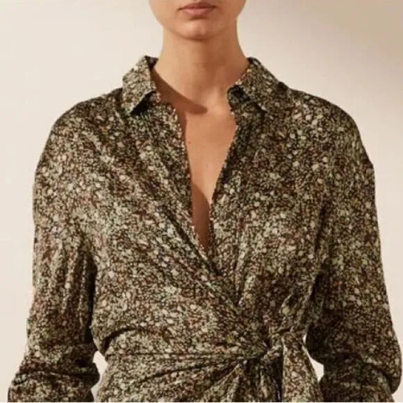NWT SHONA JOY AVRIEL TIE FRONT SHIRT MINI DRESS IN CHOC Size 8