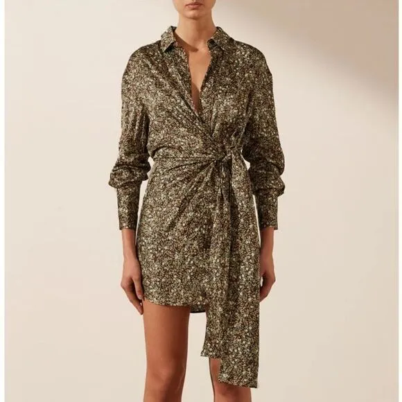NWT SHONA JOY AVRIEL TIE FRONT SHIRT MINI DRESS IN CHOC Size 8