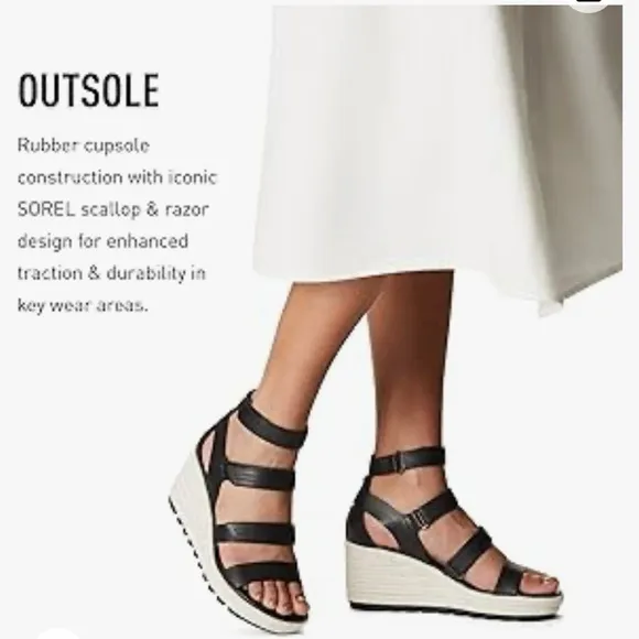 NWT Sorel Cameron black leather strappy wedge sandals