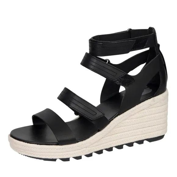 NWT Sorel Cameron black leather strappy wedge sandals