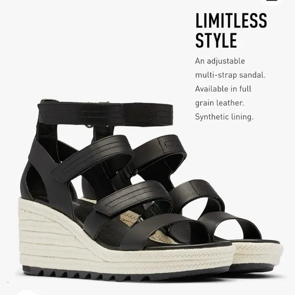 NWT Sorel Cameron black leather strappy wedge sandals