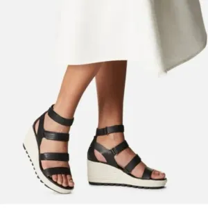 NWT Sorel Cameron black leather strappy wedge sandals