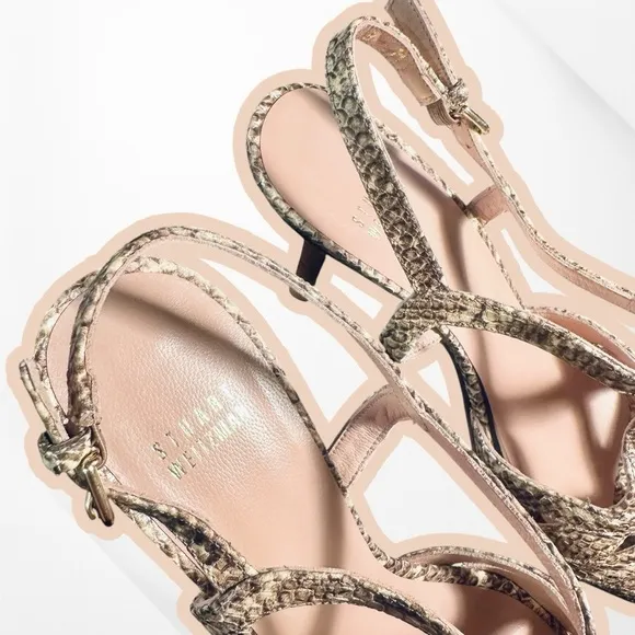 NWT Stuart Weitzman ‘Overture’ Strappy Heeled Sandals in Natural Feather Snake 9
