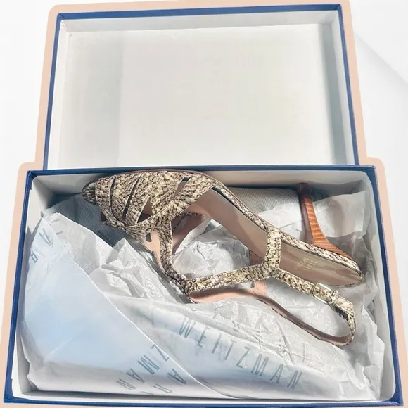 NWT Stuart Weitzman ‘Overture’ Strappy Heeled Sandals in Natural Feather Snake 9