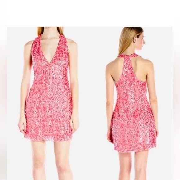 NWT!! Stunning, halter racer back watermelon color Halston shimmy dress.8 🍉