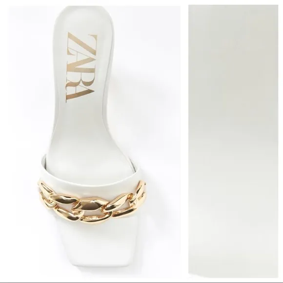 NWT. Zara Ecru Heeled Sandals with Chain. Size 9.