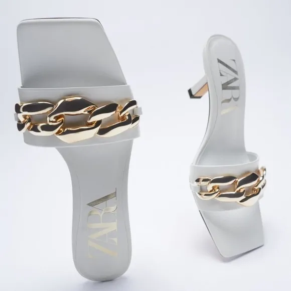 NWT. Zara Ecru Heeled Sandals with Chain. Size 9.