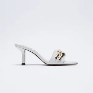 NWT. Zara Ecru Heeled Sandals with Chain. Size 9.