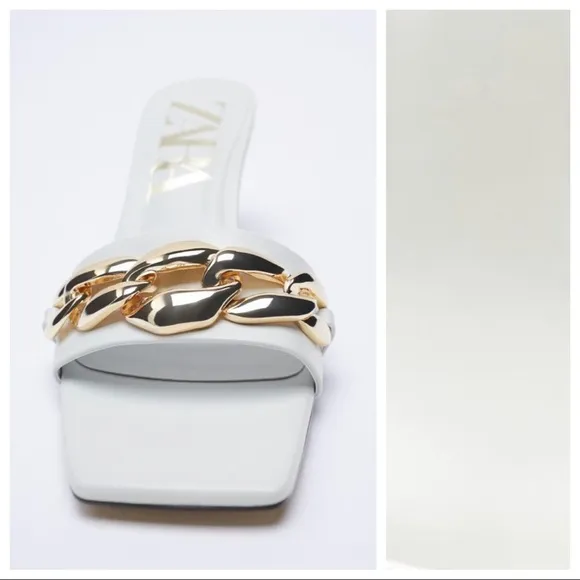 NWT. Zara Ecru Heeled Sandals with Chain. Size 9.