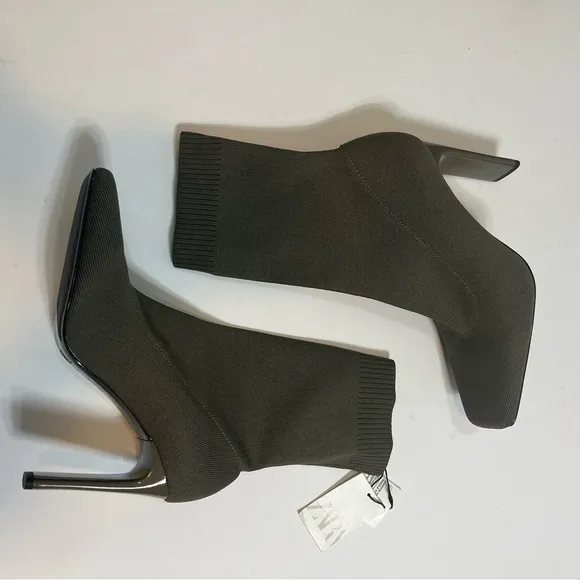 NWT Zara Olive Green Fabric Heeled Boots Size 10