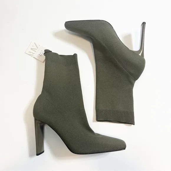 NWT Zara Olive Green Fabric Heeled Boots Size 10